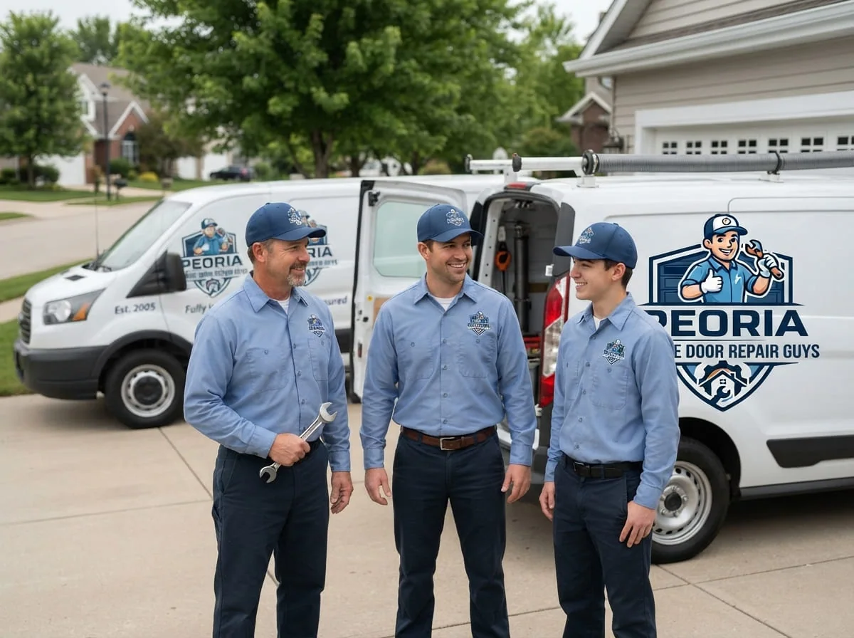 Technicians from Peoria Garage Door Repair Guys beside a service van in Peoria, IL