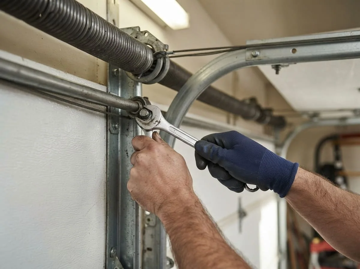 Technician fitting a replacement garage door panel section on a home in Peoria, IL