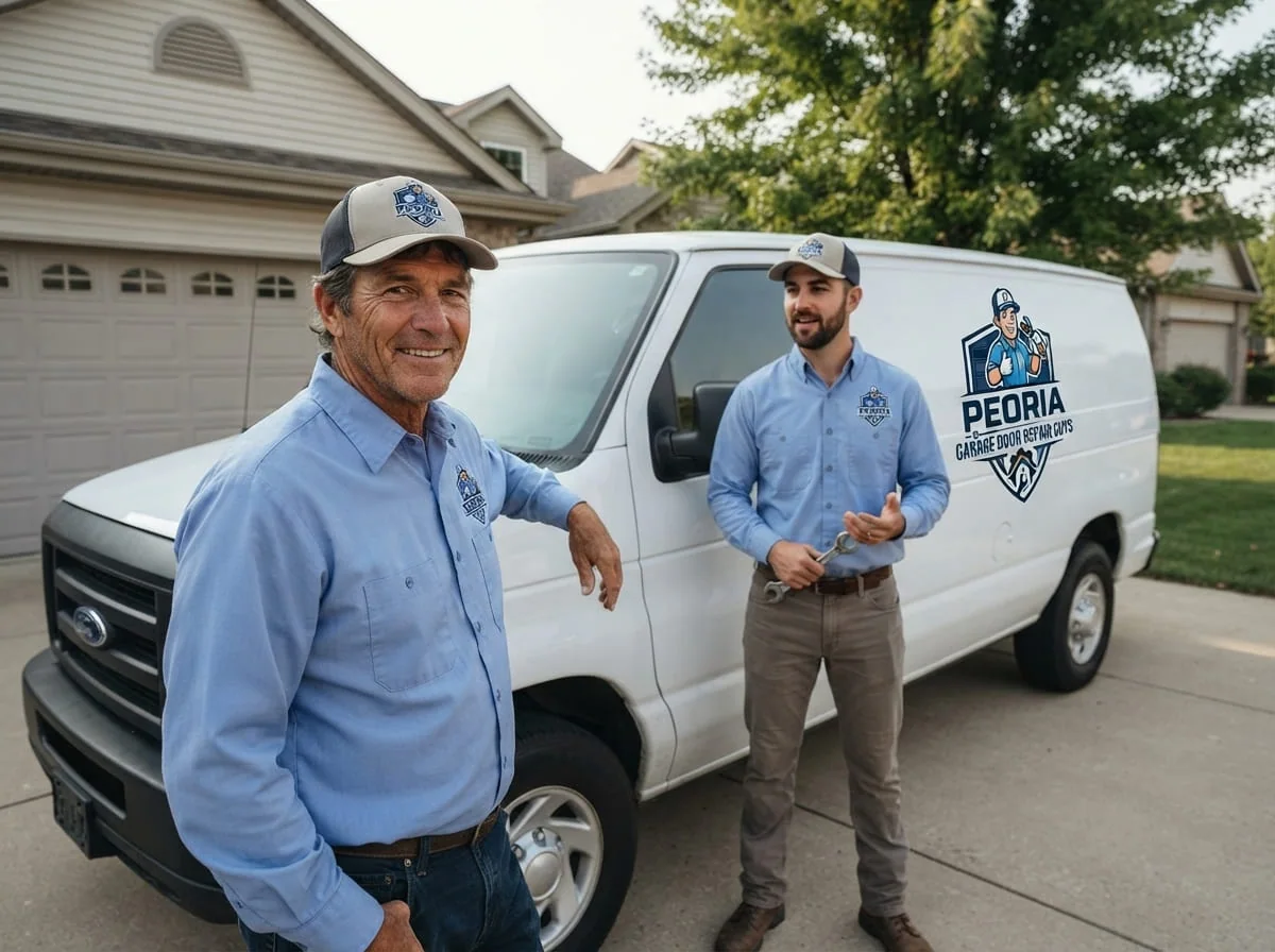 Technician arriving for garage door repair in Chillicothe, IL along the Illinois River