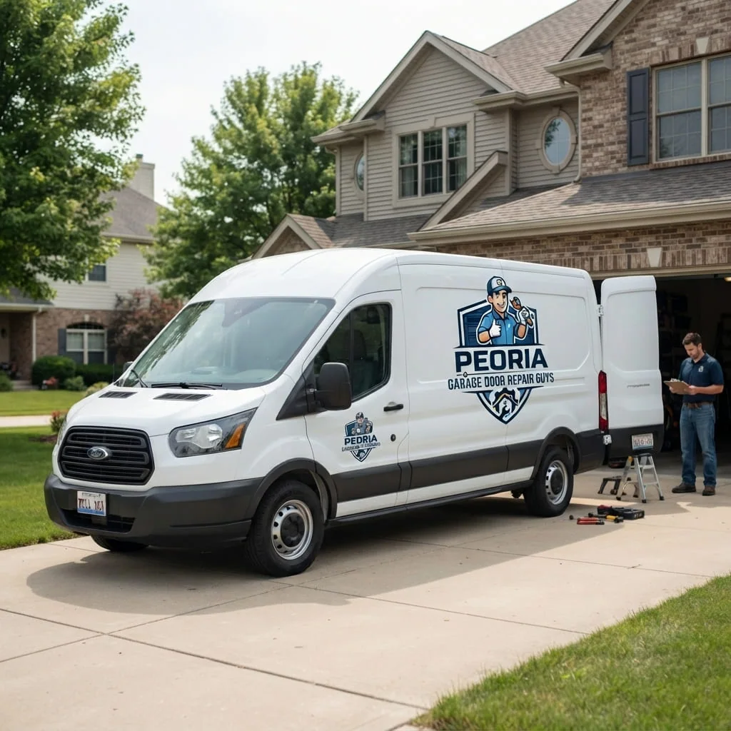 Technician repairing a garage door on a home in Washington, IL